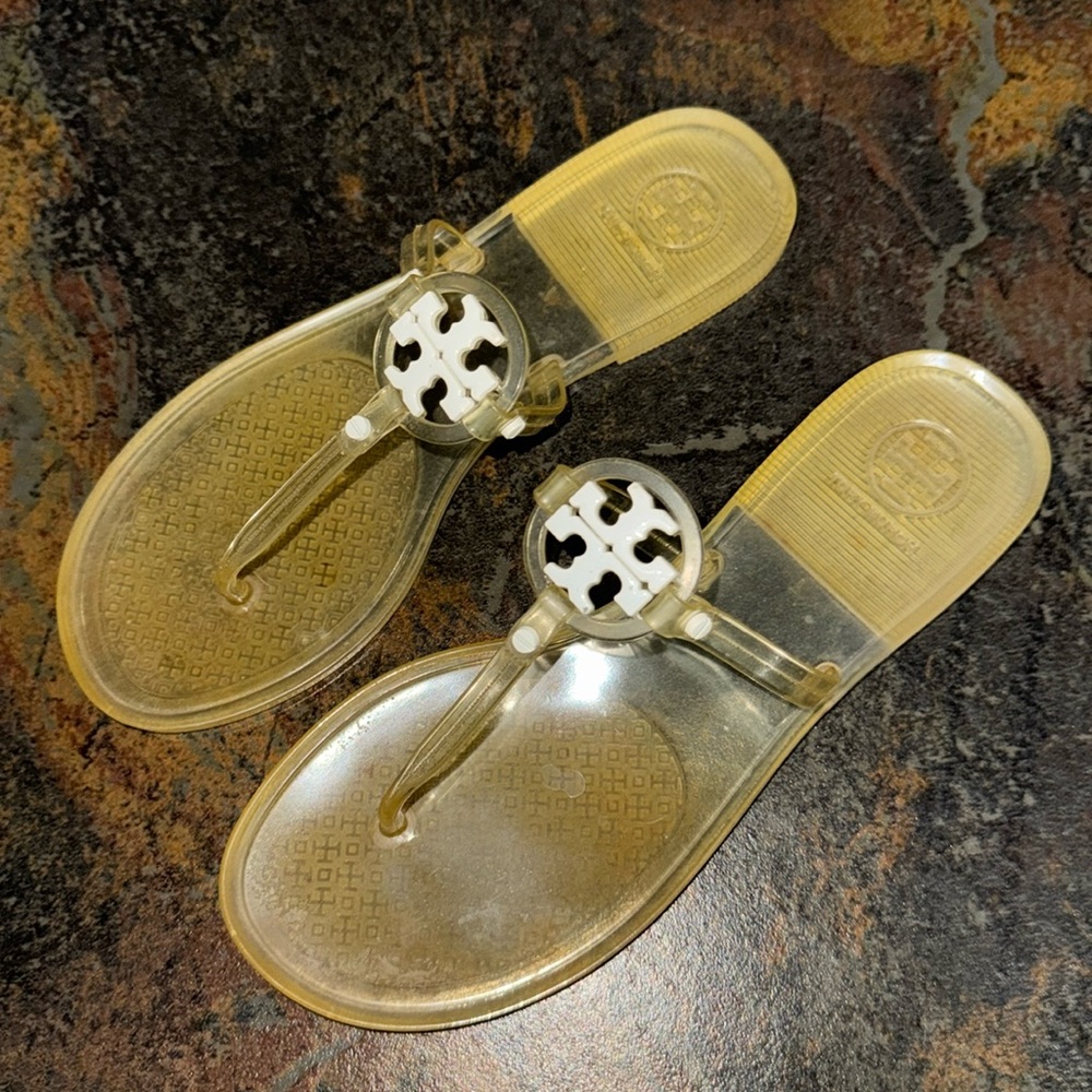 Tory Burch Clear/White Logo Mini Miller Sandals Slides Shoes 7